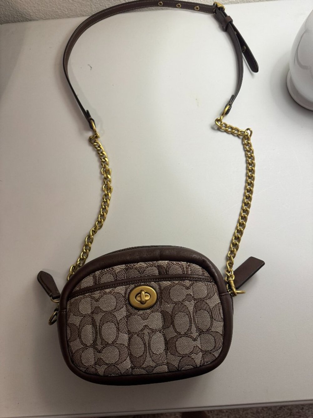 COACH Signature Jacquard Quilted Mini Camera Bag Brown Chain Crossbody